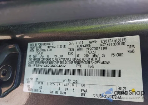 2016 Ford F-150 Xl из США, поврежденный, VIN 1FTEW1C82GKD04232